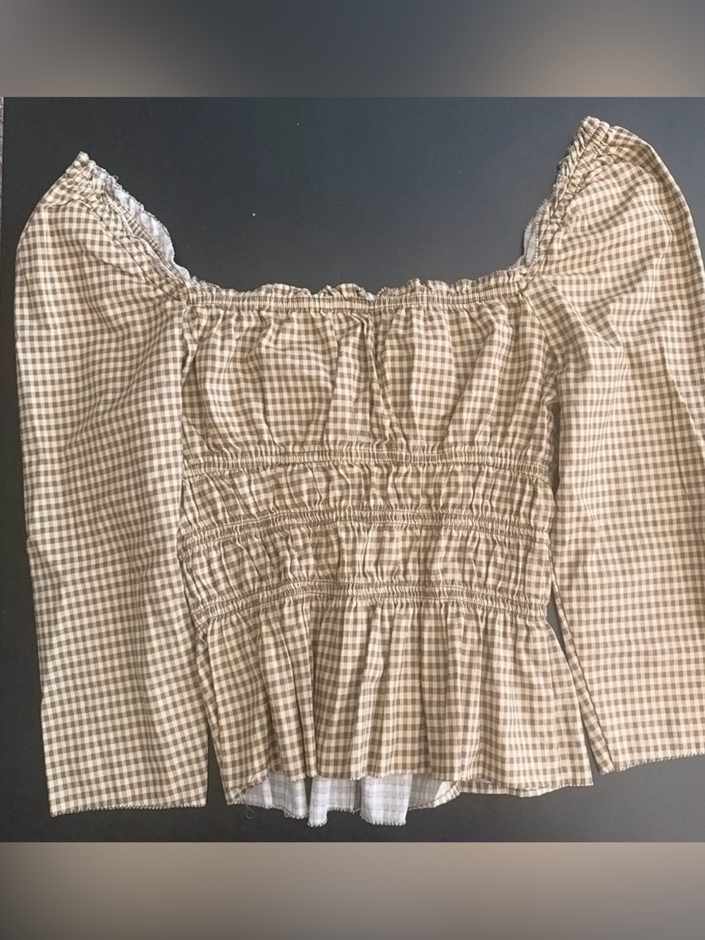 NWOT Reformation Lauryn Gingham Peplum Square-Neck Top in Beige - Picture 5 of 5